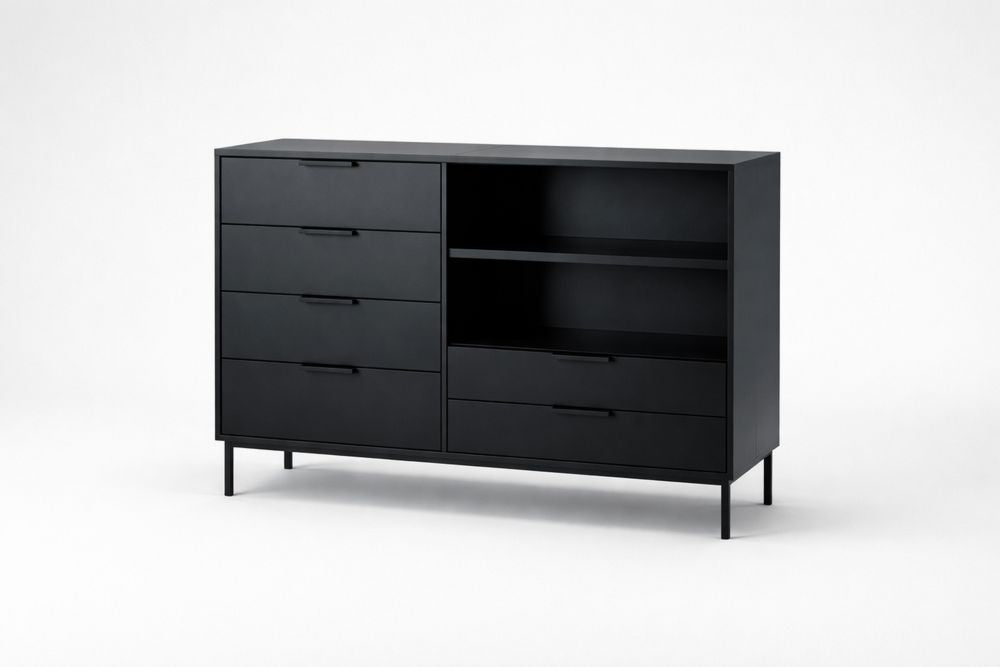 Black Steel and MDF Wood Storage Cabinet with 6 Drawers and 2 Open Shelves